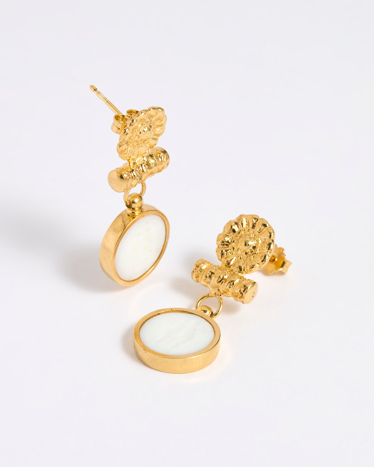 Gold plated  drop earrings with round white glass pendant featuring an image of twins.