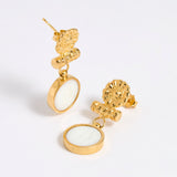 Gold plated  drop earrings with round white glass pendant featuring an image of twins.