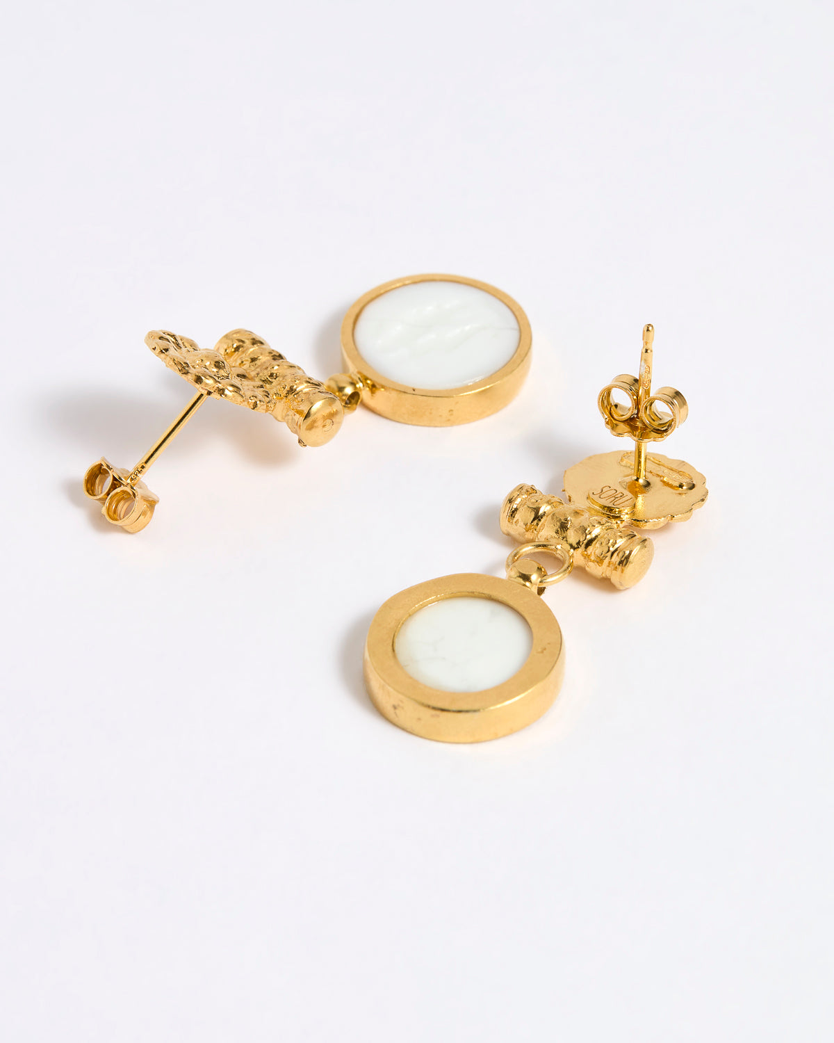Reverse image of gold plated  drop earrings with round white glass pendant featuring an image of twins.