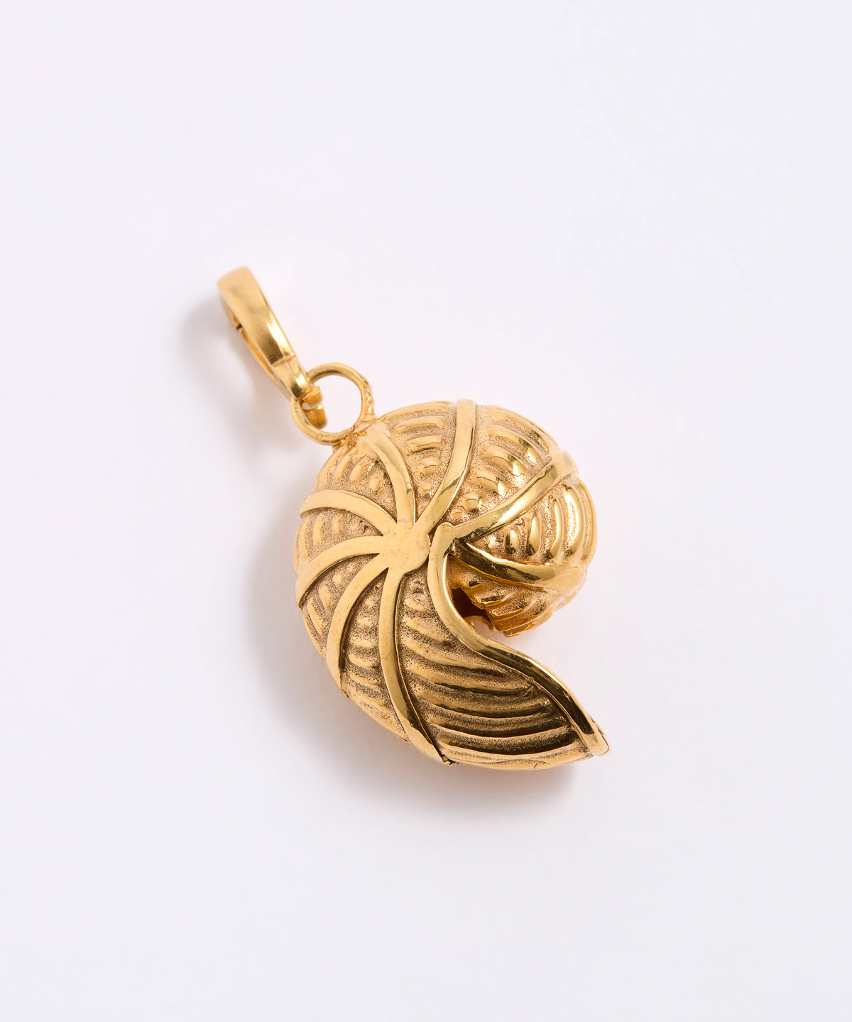 Gold coloured shell shaped pendant on a white background