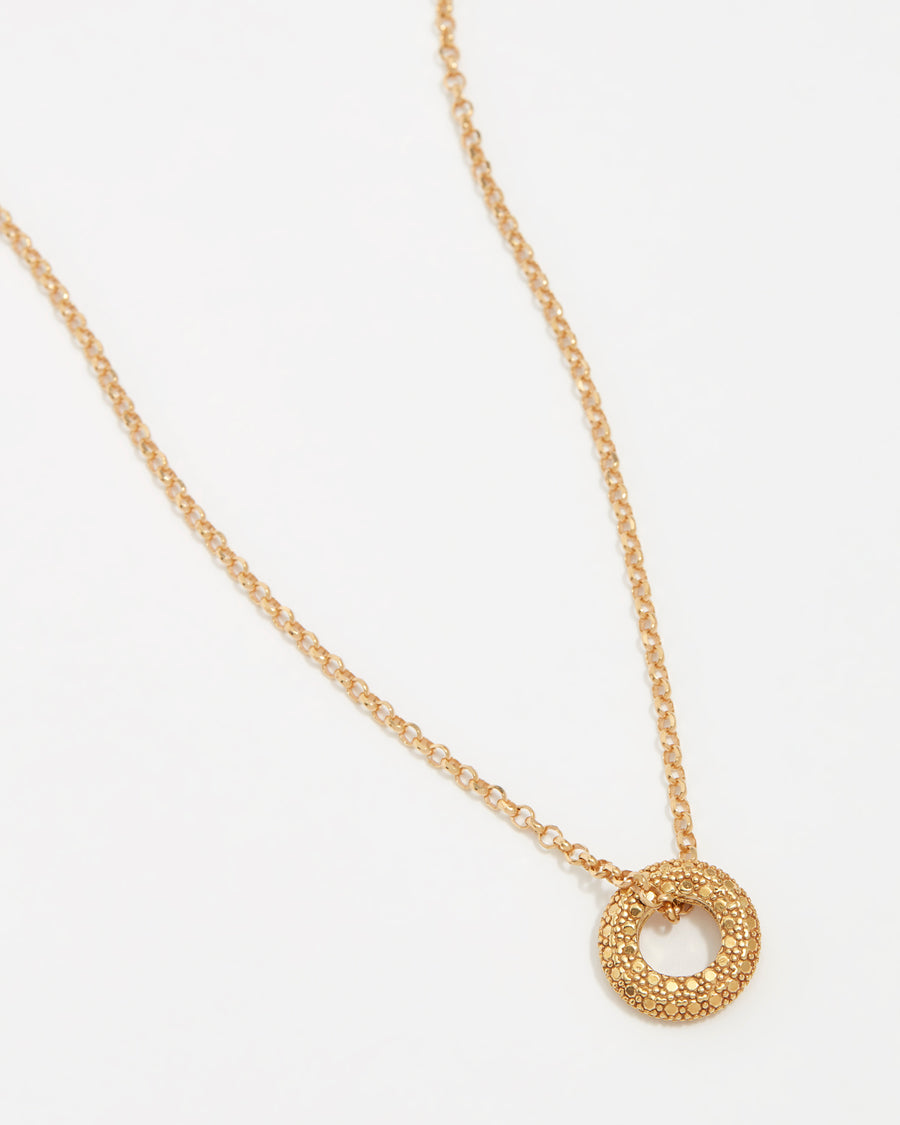 product shot of yellow gold plated necklace with circular pendant threaded through the chain