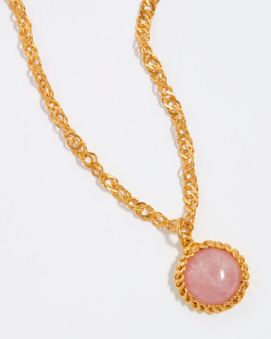 PINK ROSE QUARTZ pendant necklace from soru jewellery on a dark gold twisted chain