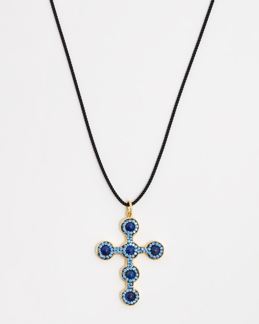 light blue and dark blue gemstone cross pendant on black cord