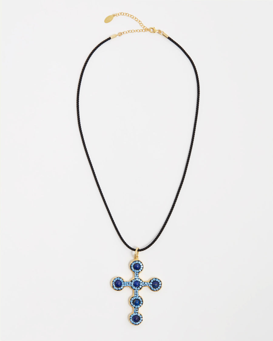 light blue and dark blue gemstone cross pendant on black cord