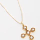pearl and gold gemstone pendant cross necklace on cord