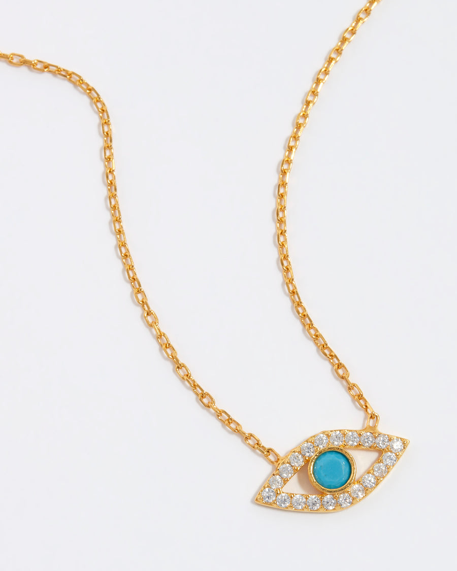 soru jewellery turquoise evil eye necklace surrounded by crystals on a gold chain