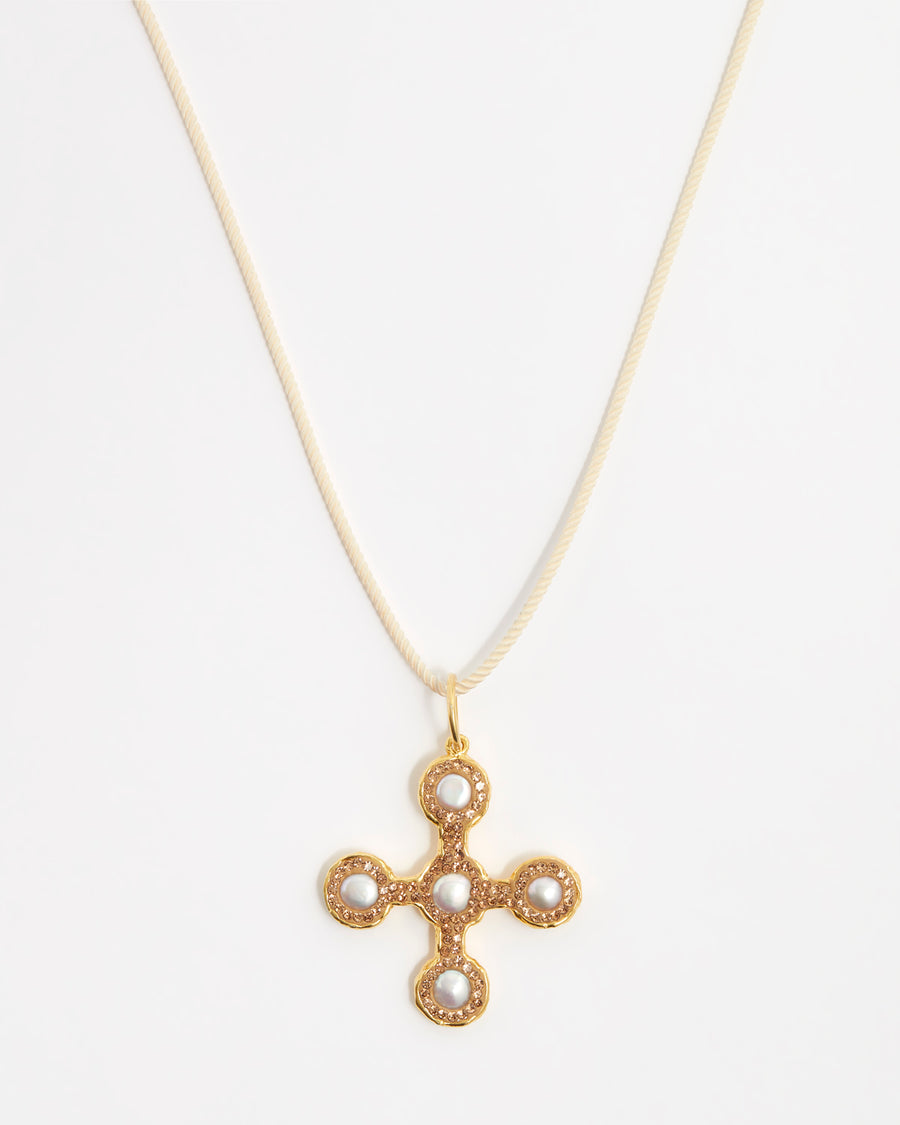 pearl and gold gemstone pendant cross necklace on cord