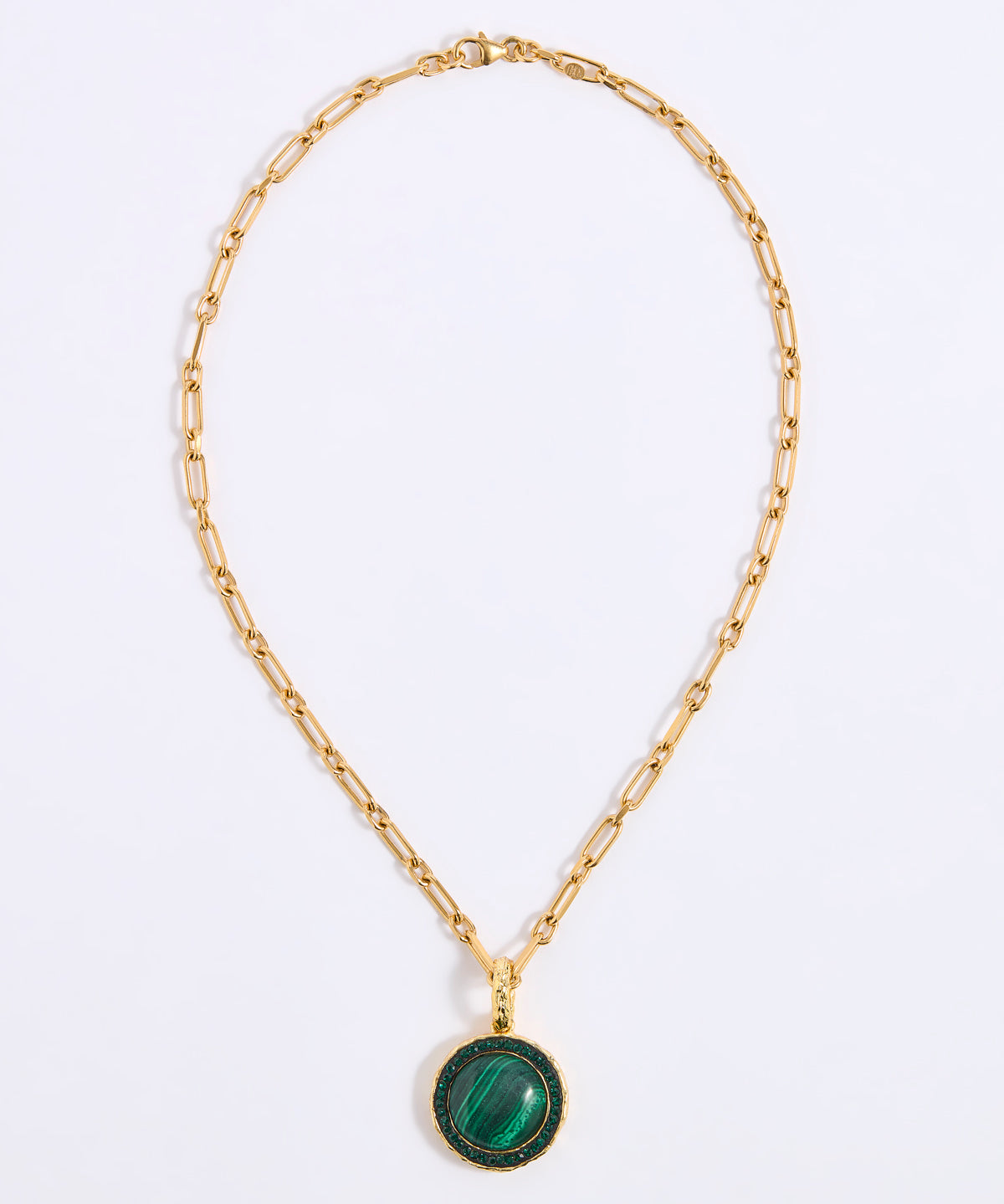 A gold chain necklace featuring a smooth, circular green malachite pendant, framed by a delicate border of sparkling green crystals, displayed against a white background.