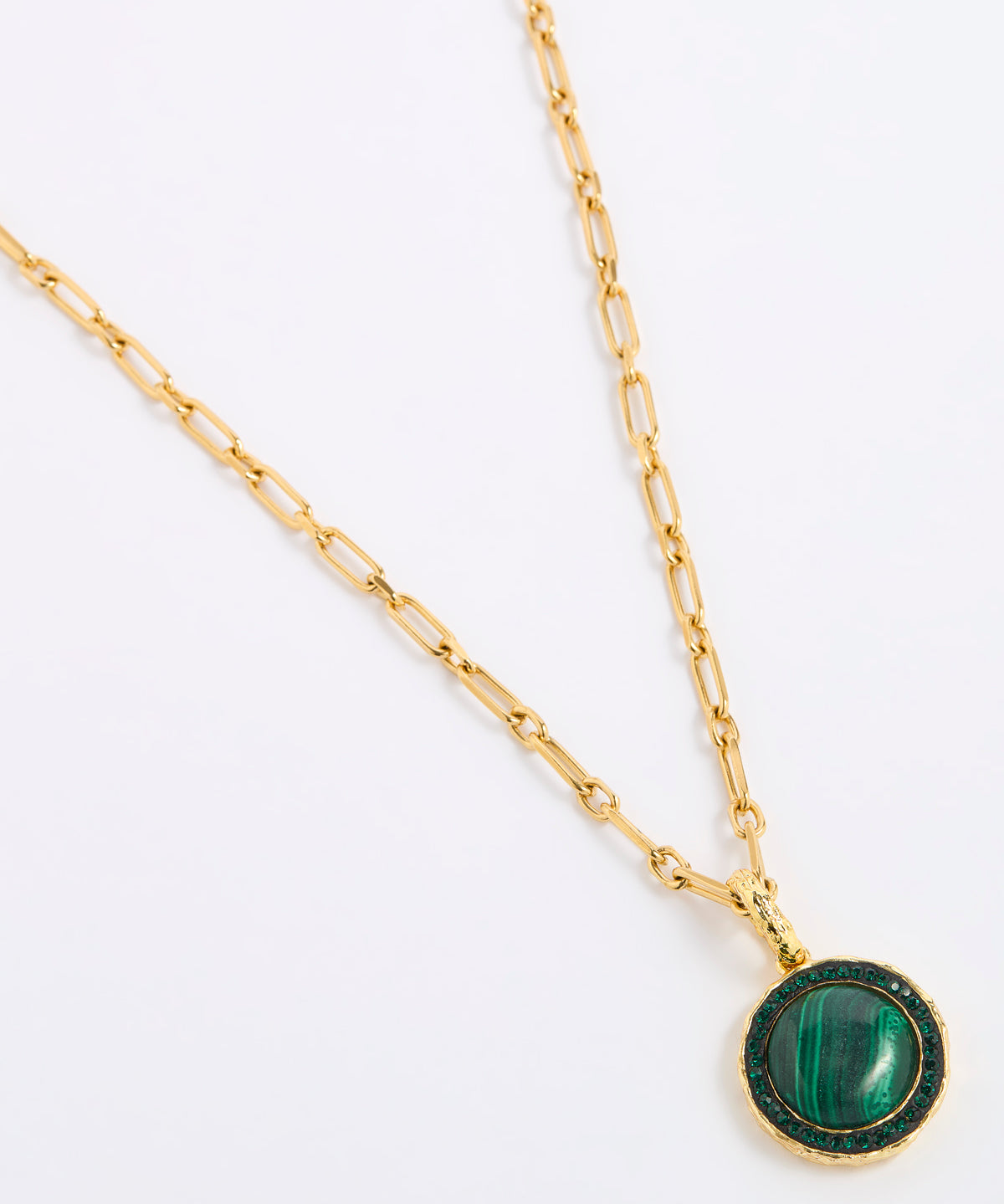 A gold chain necklace featuring a round pendant with a green malachite stone and a dark green crystal border, displayed on a white background.