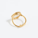 Gold ring with engraved text "This Too Shall Pass" on a white background