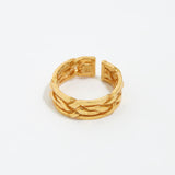 close up image shot of gold braided ring on a white back ground