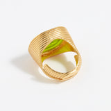 Gold ring with a green stone on a white background