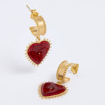 Gold hoop earrings with red heart drop with evil eye