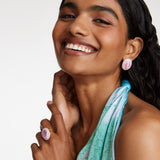 18kt gold plated stud earring with pink cats eye gem surrounded by crystals 