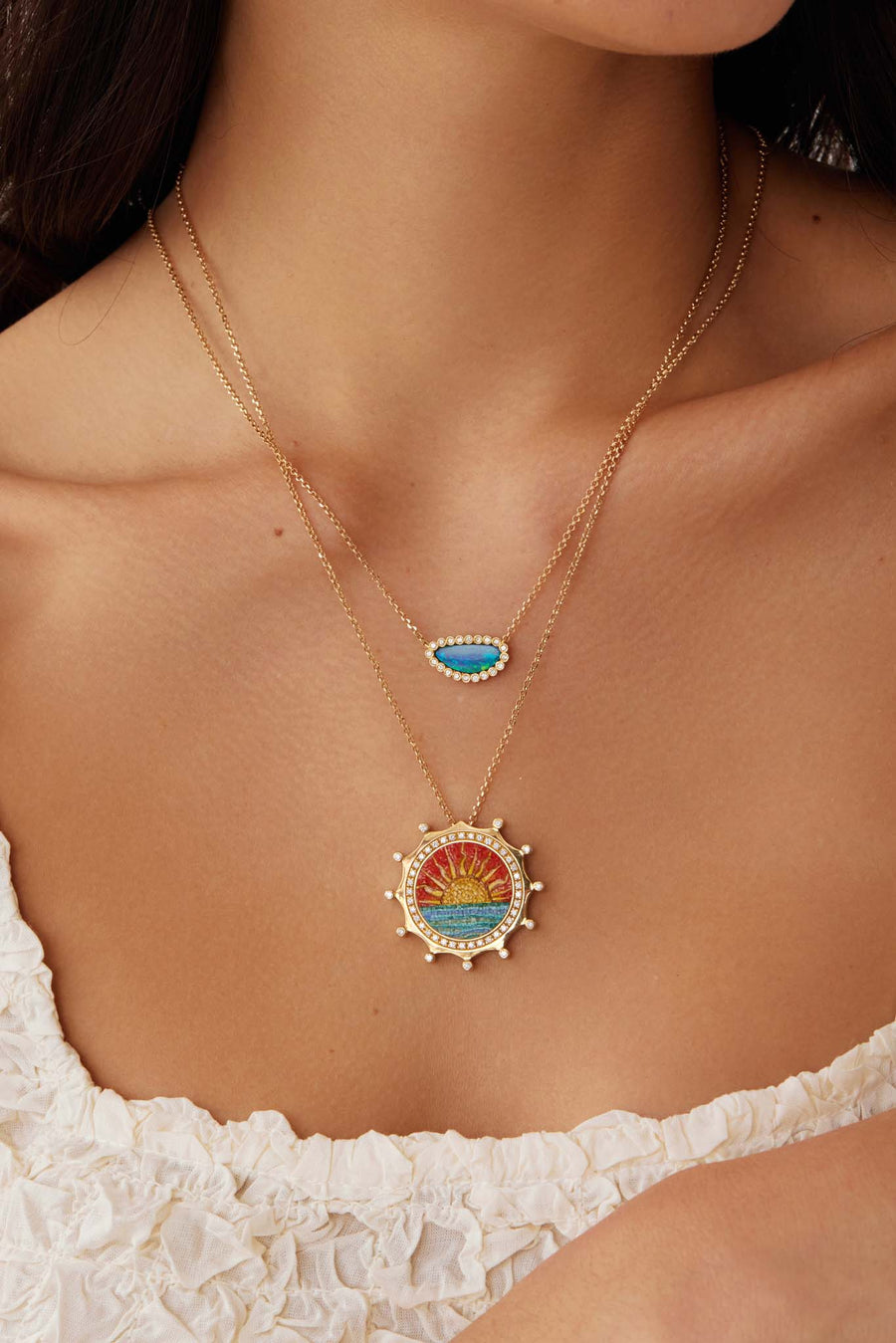 Soru Jewellery micro mosaic and diamond sunset pendant and opal pendant layered together on a model 