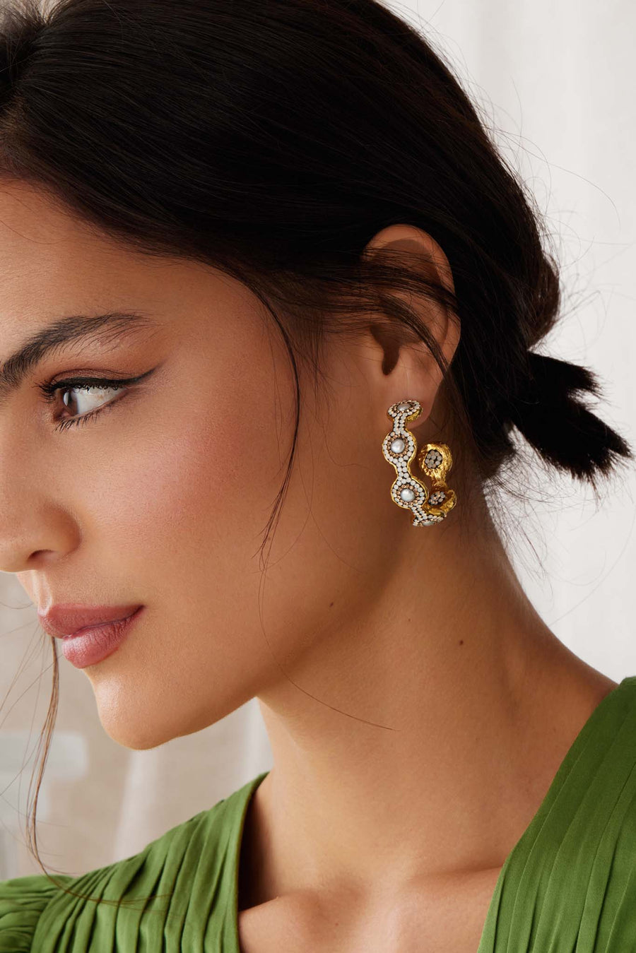 soru jewellery pearl and crystal hoop earrings, close up model shot 