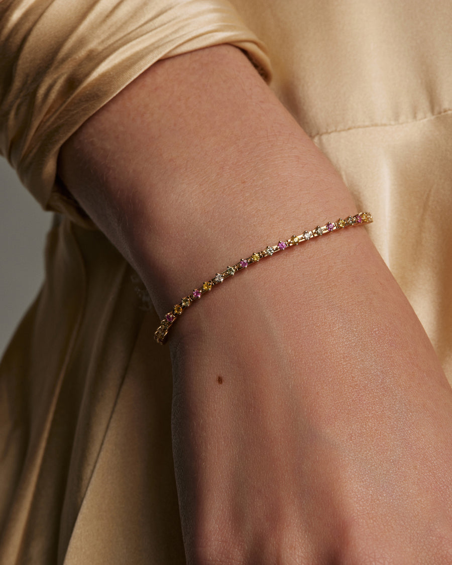 Soru Jewellery multi coloured sapphire and diamond tennis bracelet model shot 
