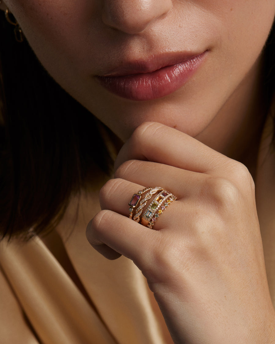 Soru Jewellery diamond rings stacked on models hand 