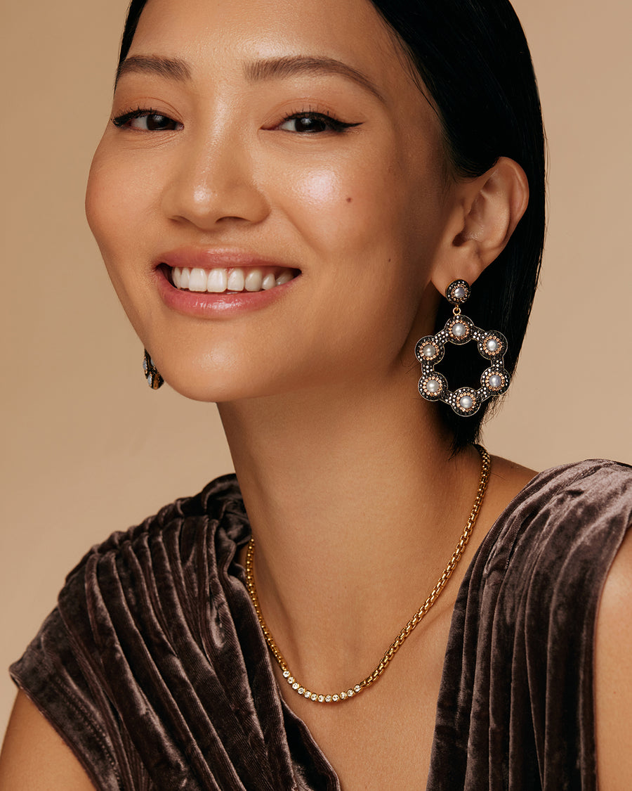 model shot of baroque pearl hoop earrings with crystals