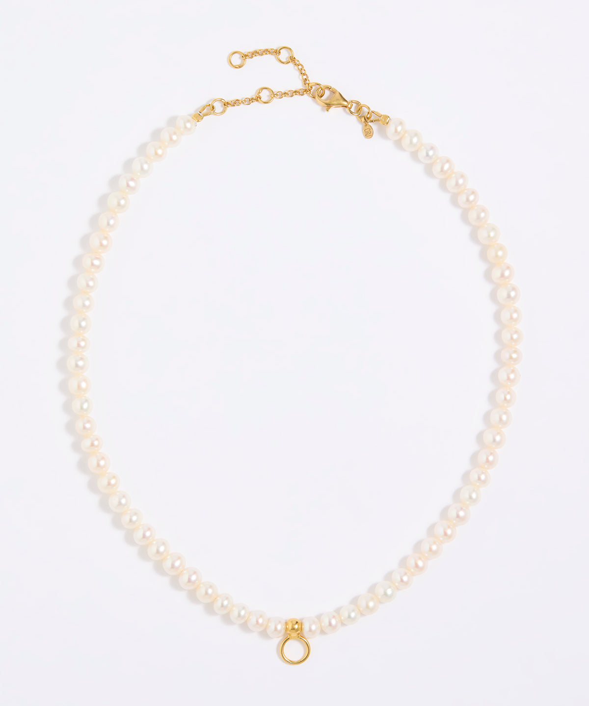 Pearl necklace with gold clasp on a white background