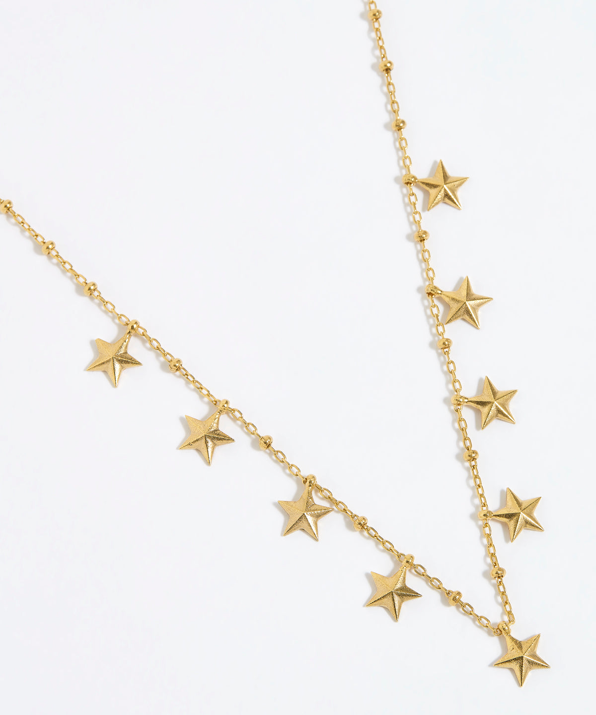 gold chain necklace with nine small dangling stars on white background