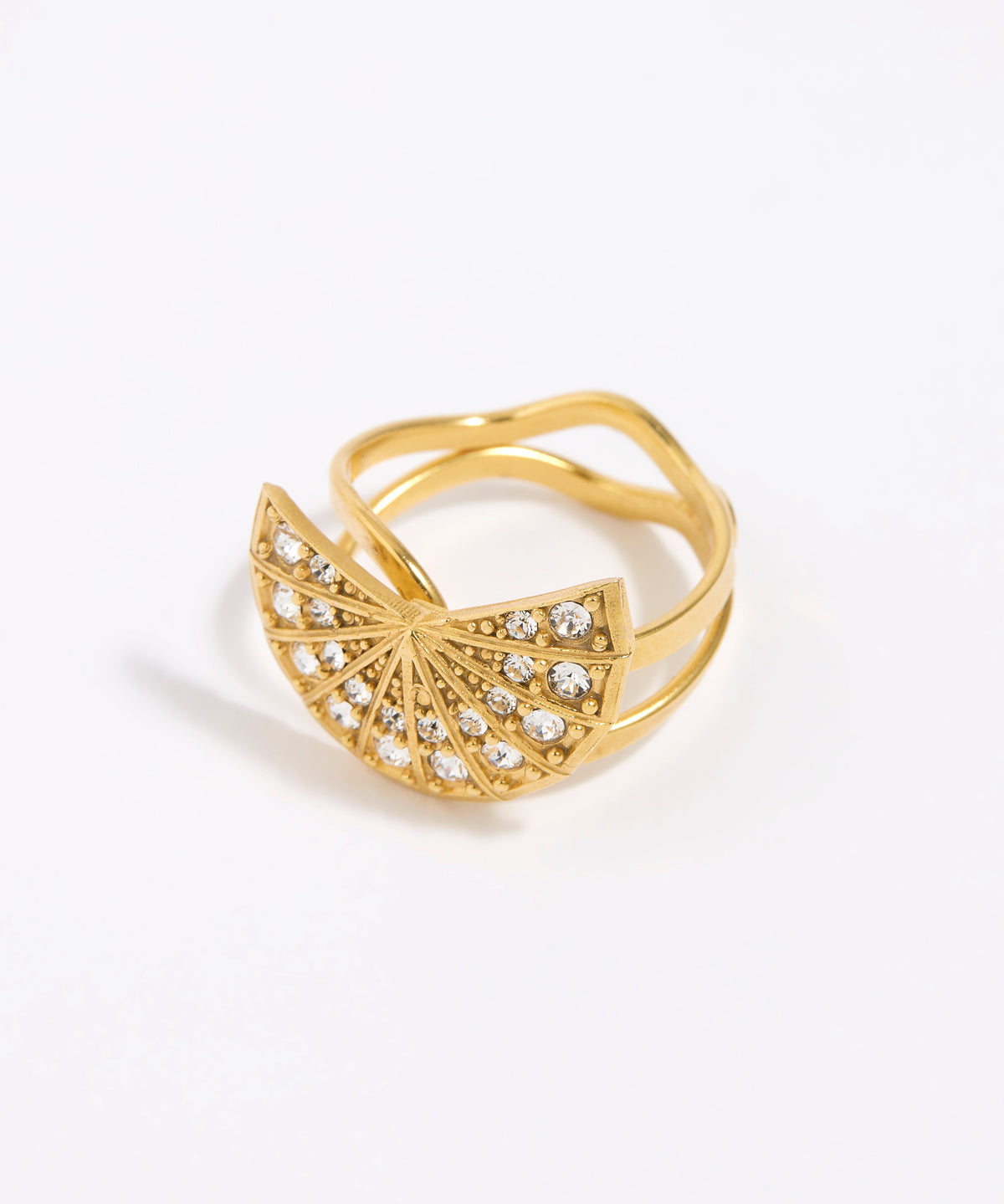 Gold ring with fan design and embedded stones on a white background