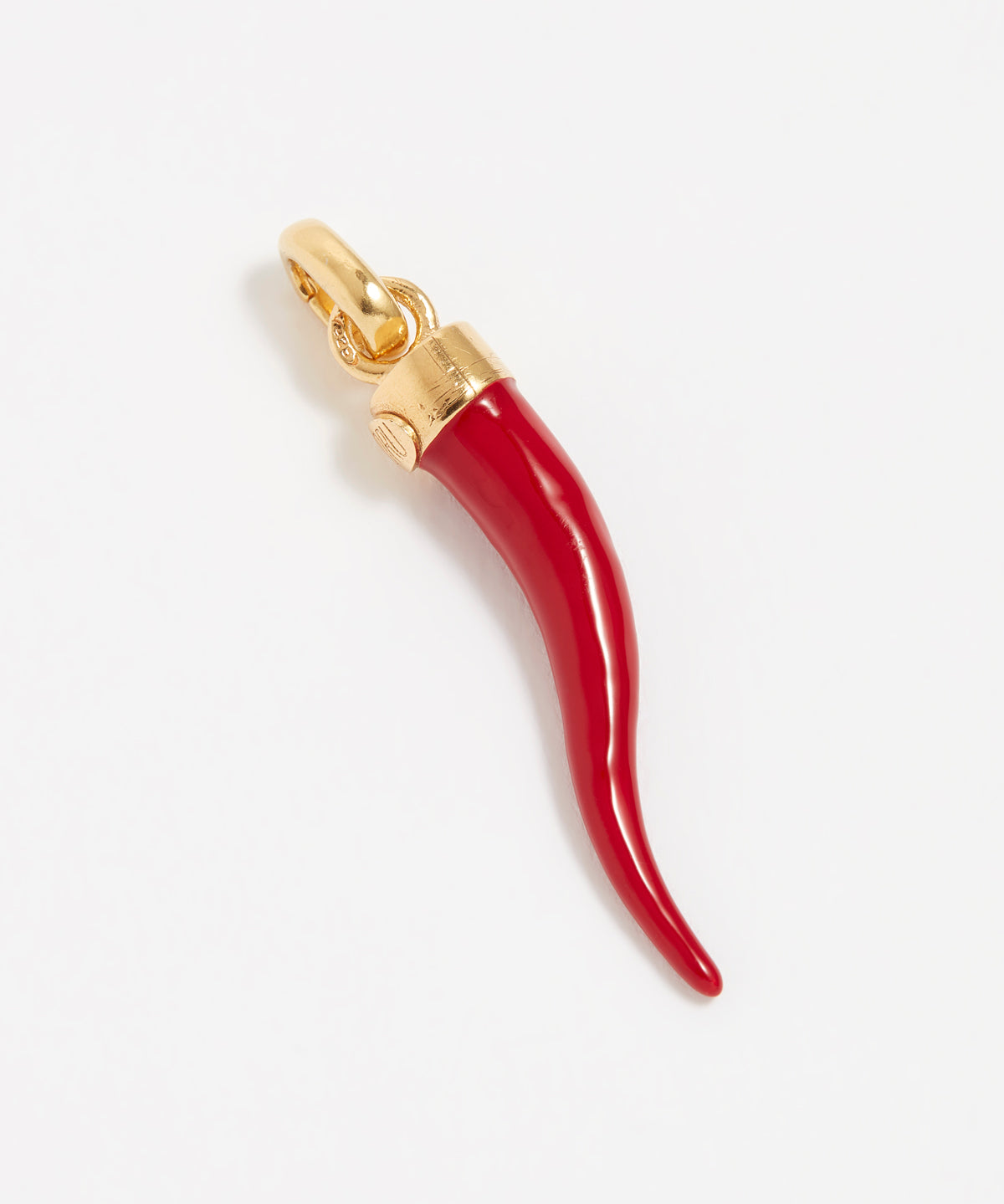 Image of a red Cornicello horn shaped charm with gold top connector 