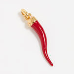 Image of a red Cornicello horn shaped charm with gold top connector 