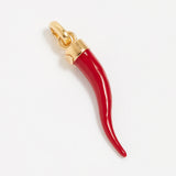Image of a red Cornicello horn shaped charm with gold top connector 