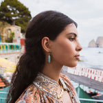 model shot of soru jewellery double sided amazonite gemstone and crystal earrings