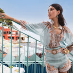 model shot of soru jewellery double sided amazonite gemstone and crystal earrings