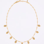 Gold coloured necklace with small hand-shaped charms on a white background