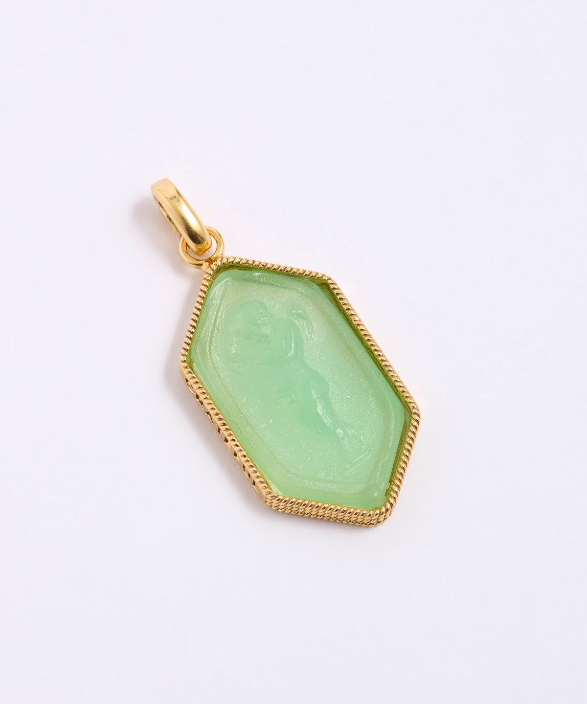 Green pendant with gold frame on a white background
