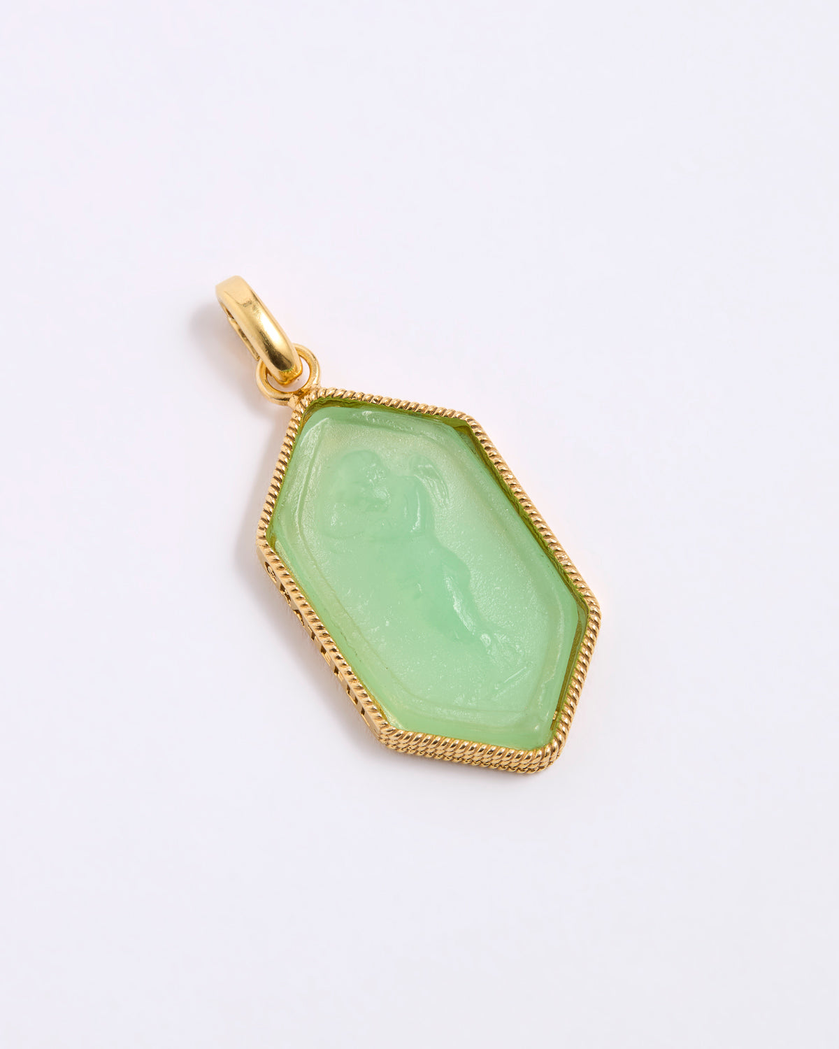 Green pendant with gold frame on a white background