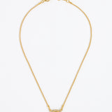 Gold necklace with a square blue pendant surrounded by crystals , on a white background