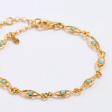 Gold bracelet with turquoise stones on a light gray background