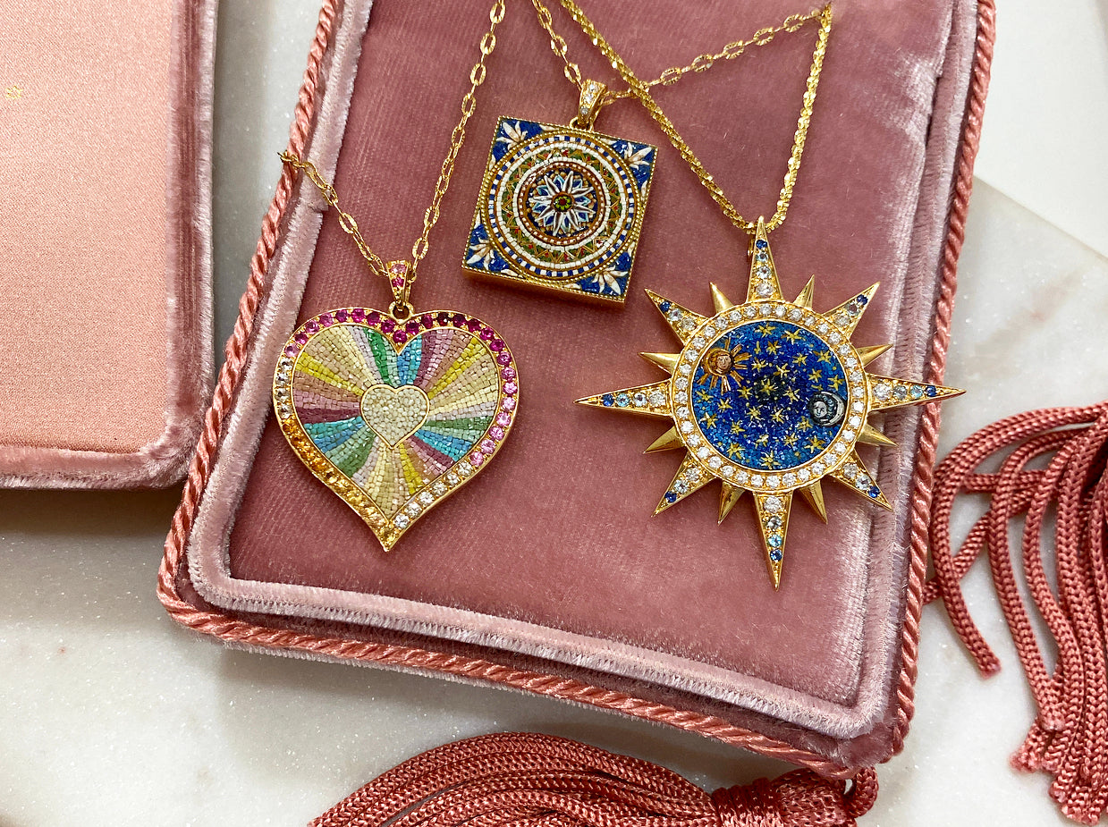 Soru fine jewellery micro mosaics and rainbow sapphire diamonds jewellery