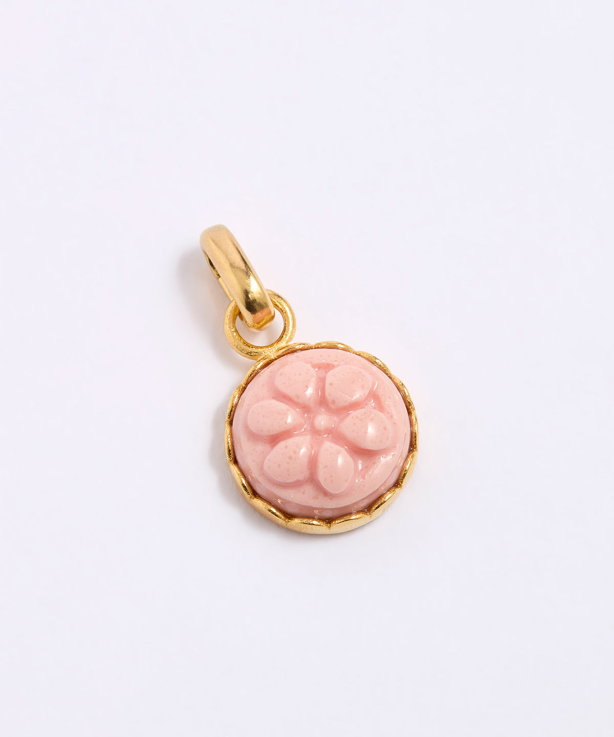 Pink floral pendant with gold frame on a white background