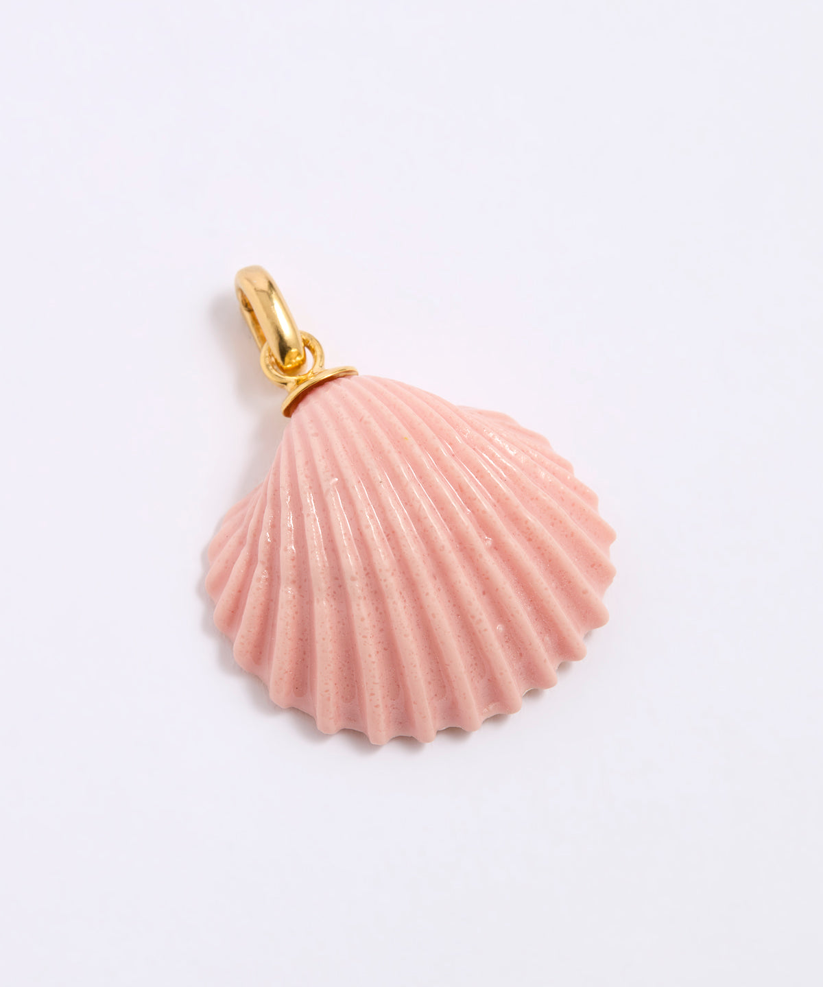 Pink shell pendant with gold coloured clasp on a light gray background