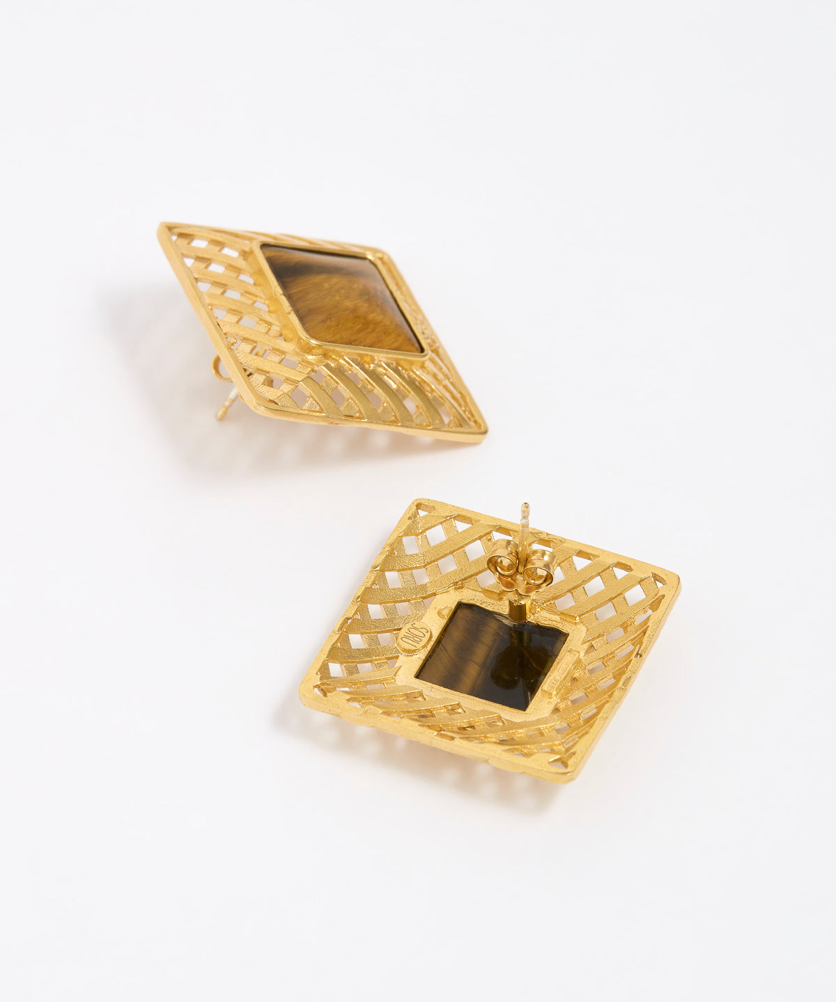 Gold square earrings with intricate designs and tigers eye gemstone, showing reverse of earring on a white background