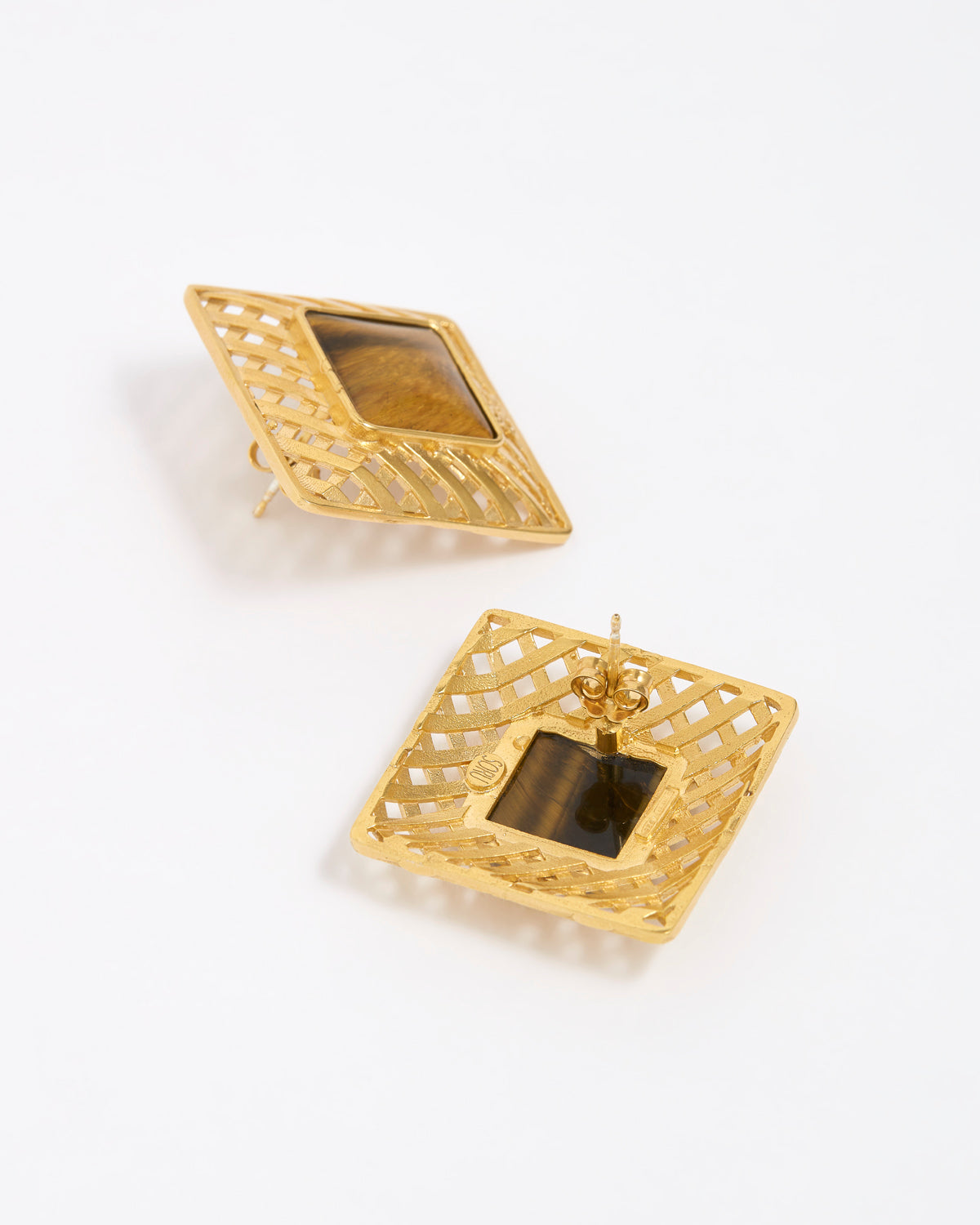 Gold square earrings with intricate designs and tigers eye gemstone, showing reverse of earring on a white background