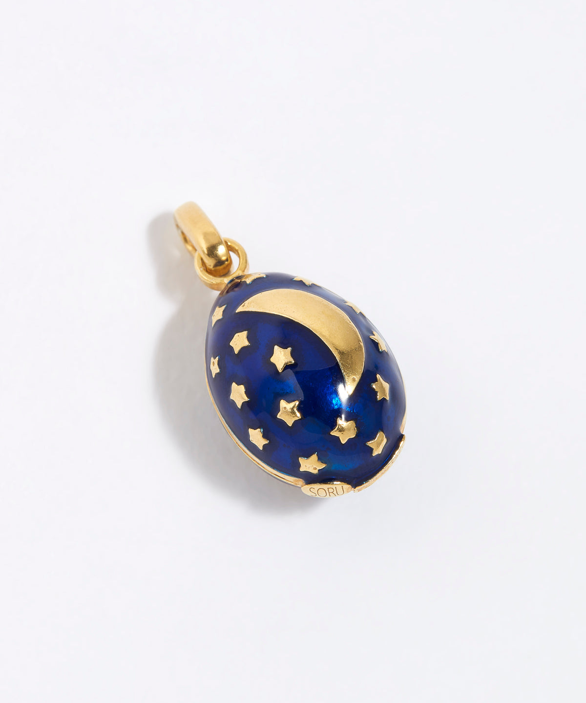 Midnight blue egg shaped charm pendant, with gold star sand crescent moon, on a white background