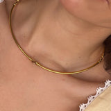 Close-up of a gold coloured choker worn by a model