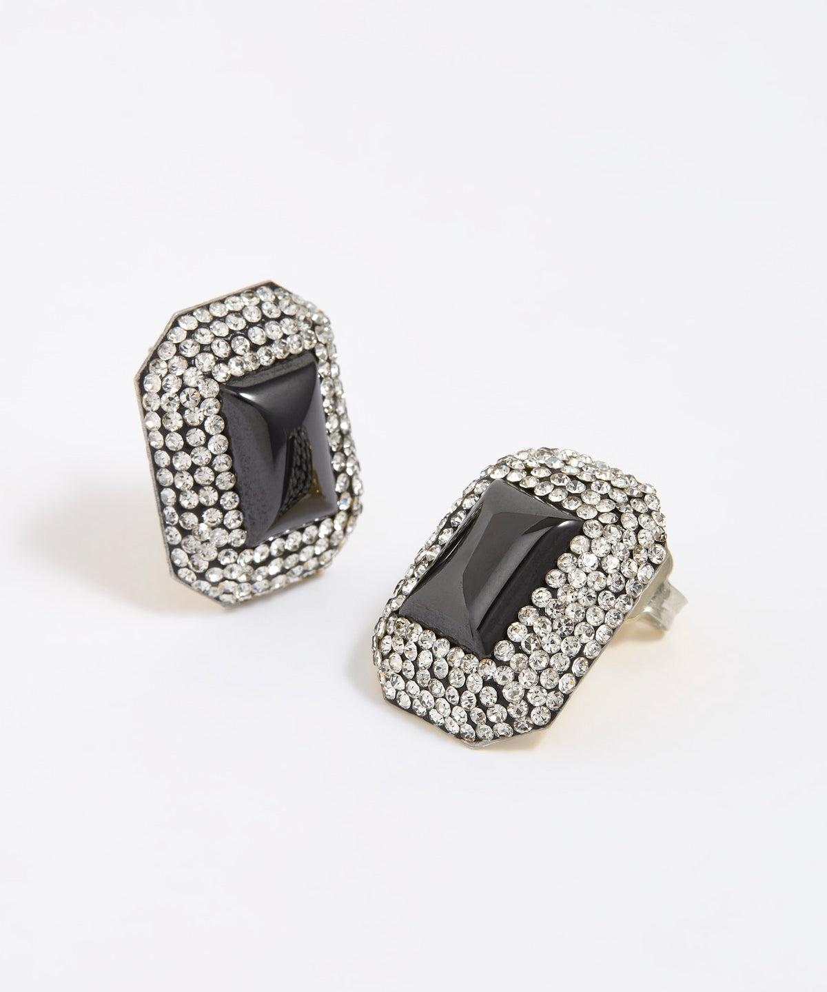Square earrings with silver crystals surrounding a square onyx gemstone.  