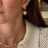 sun drop earrings being worn, close up shot 