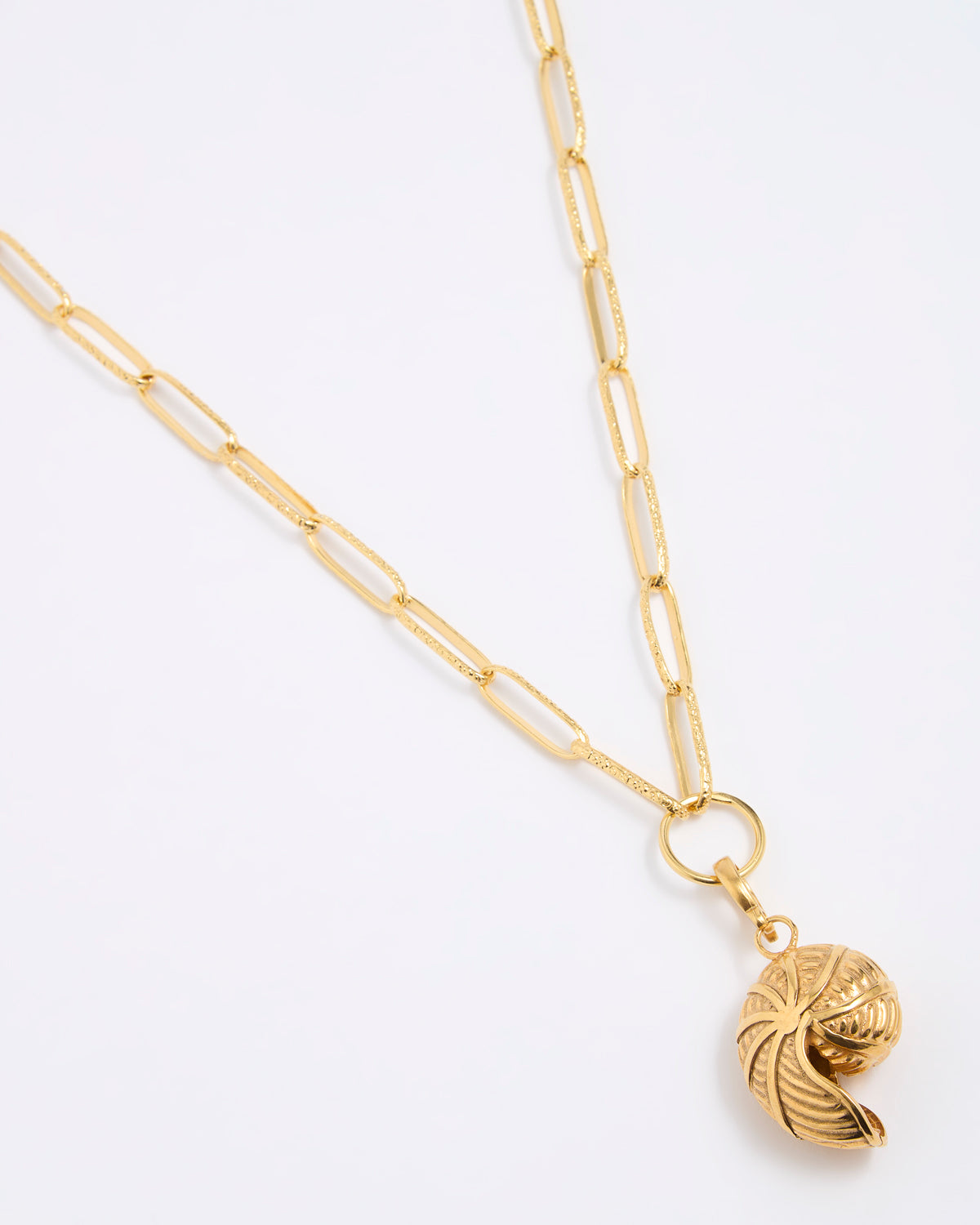 Gold coloured necklace with a shell shaped pendant on a white background