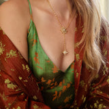 woman wearing green strappy dress and gold start necklace with a central drop with a smaller star 