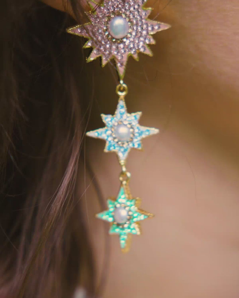 Soru jewellery, gold plated silver, rainbow crystal linear star earrings