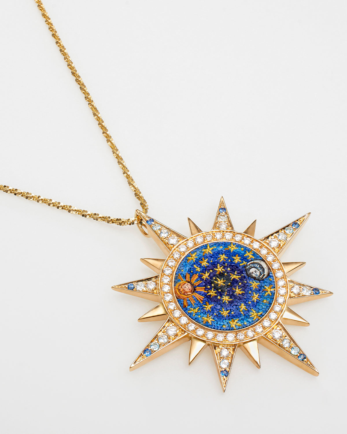 Celestial Star Diamond & Sapphire Micro Mosaic Pendant Necklace 18k
