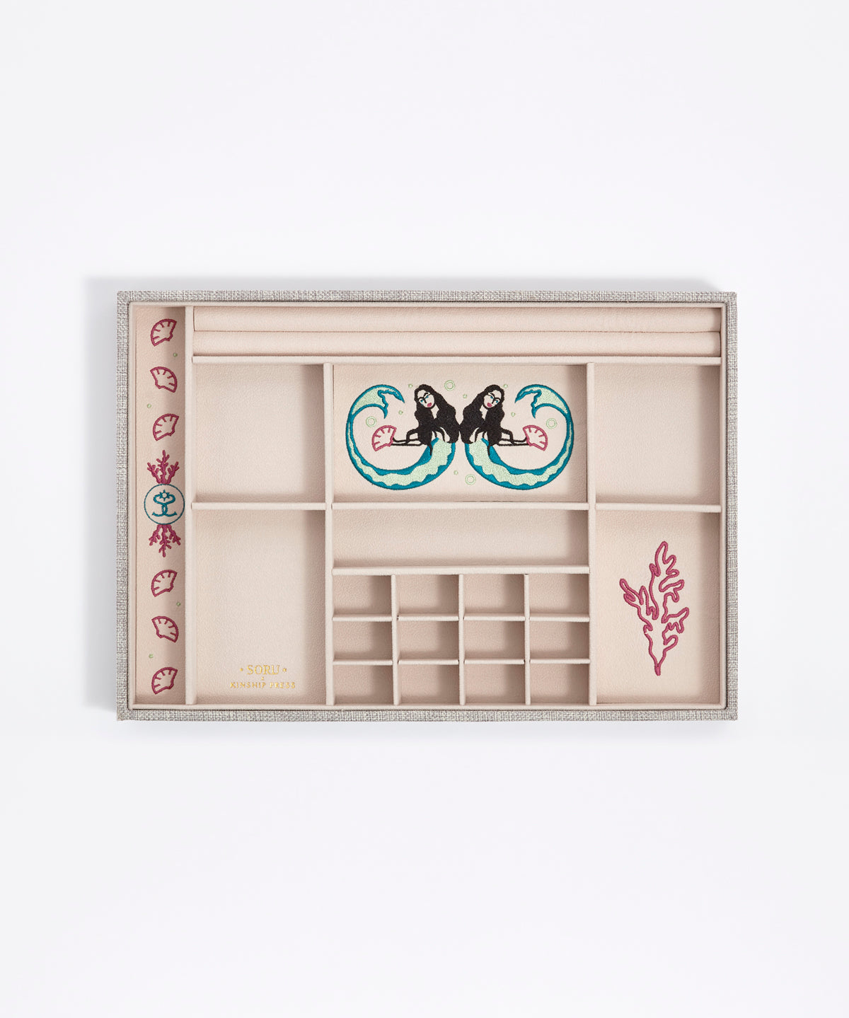 Kinship Press X Soru embroidered linen and velvet Treasures Jewellery Tray